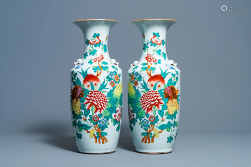 A pair of Chinese famille rose vases with fruits and