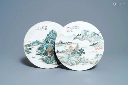 Two round Chinese qianjiang cai 'landscape' plaques,