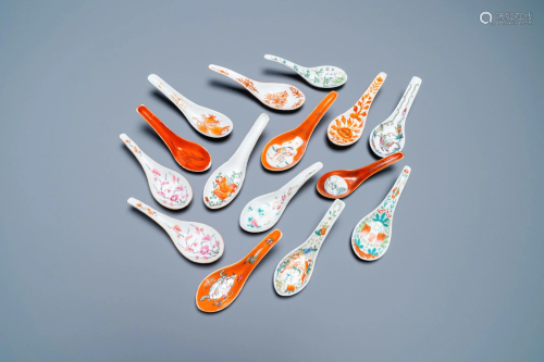Fifteen Chinese famille rose and iron-red spoons,