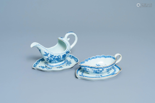 Two Chinese blue and white sauceboats on stands,