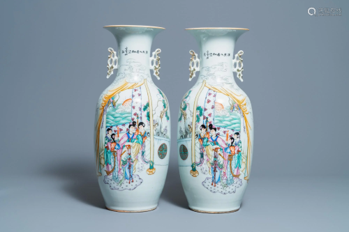 A pair of Chinese famille rose 'ladies' vases, 19/20th