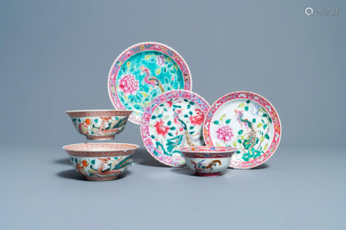 Three Chinese famille rose plates and three bowls for