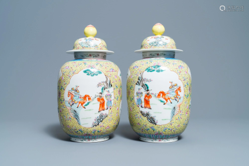 A pair of Chinese famille rose yellow-ground vases and