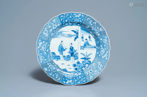A large Chinese blue and white 'Xi Xiang Ji' dish,