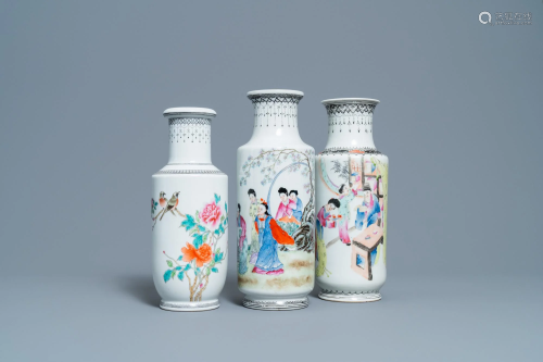 Three Chinese famille rose rouleau vases, Qianlong