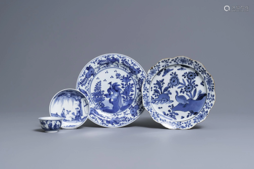 Two Japanese blue and white Arita plates and a cup and