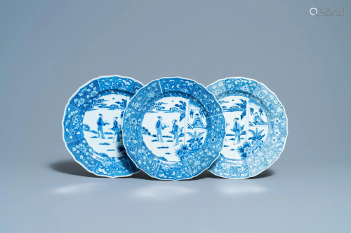 Three Chinese blue and white 'Xi Xiang Ji' dishes,