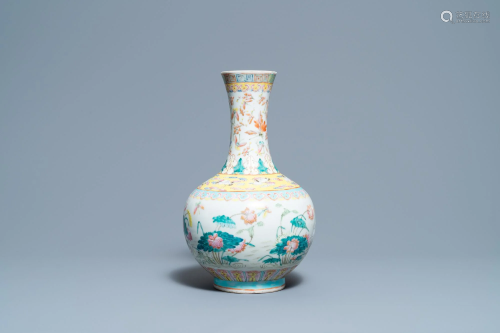 A Chinese famille rose bottle vase with mandarin ducks