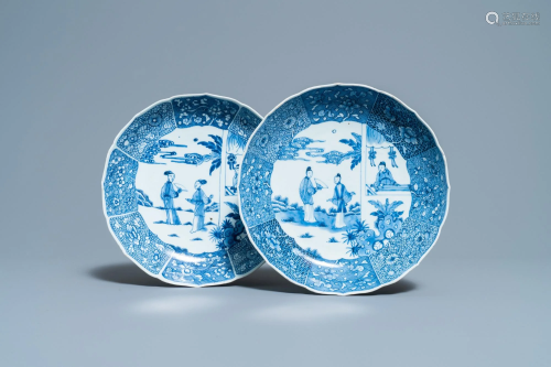 A pair of Chinese blue and white 'Xi Xiang Ji' plates,