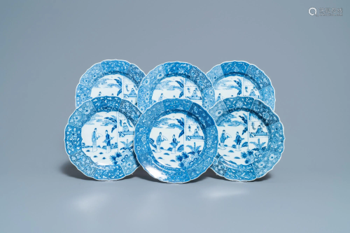 Six Chinese blue and white 'Xi Xiang Ji' plates,