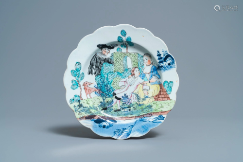 A Dutch-decorated Chinese blue and white plate with a