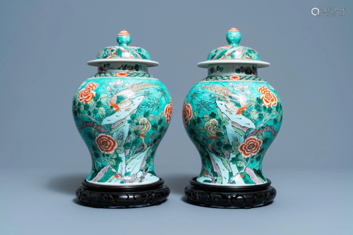 A pair of Chinese turquoise-ground famille verte vases