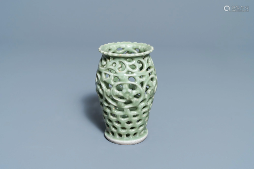 A Chinese reticulated monochrome Longquan celadon brush