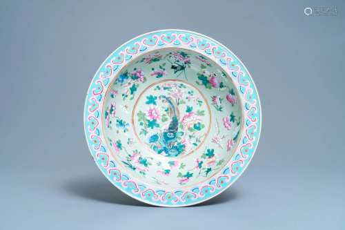 A large Chinese famille rose celadon-ground bowl, 19th