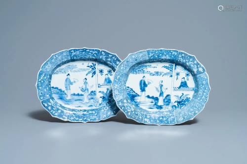 A pair of Chinese blue and white 'Xi Xiang Ji' oval