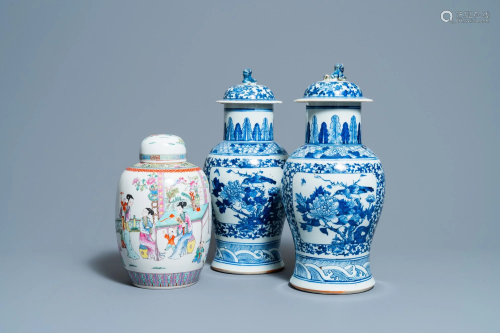 A pair of Chinese blue and white vases and a famille