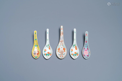 Five Chinese famille rose and polychrome spoons,