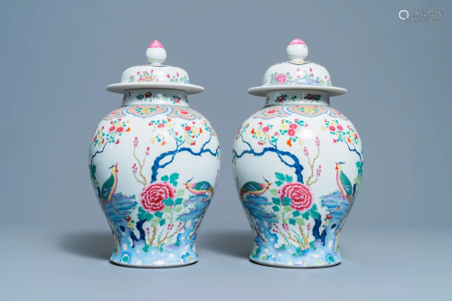 A pair of Chinese famille rose 'pheasants' vases and