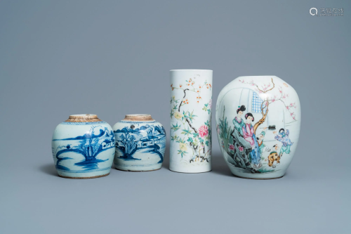 A pair of Chinese blue and white jars, a famille rose
