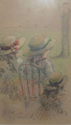 Marcel de CHOLLET (1855-1924) Fillettes au parc Dessin aux c...