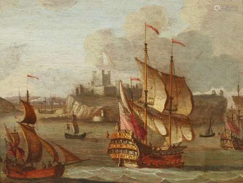École flamande vers 1680 Navires devant la ville présumée de...