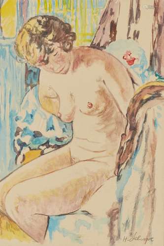 Henri LEBASQUE (1865-1937) Modèle assis Aquarelle, annotée 