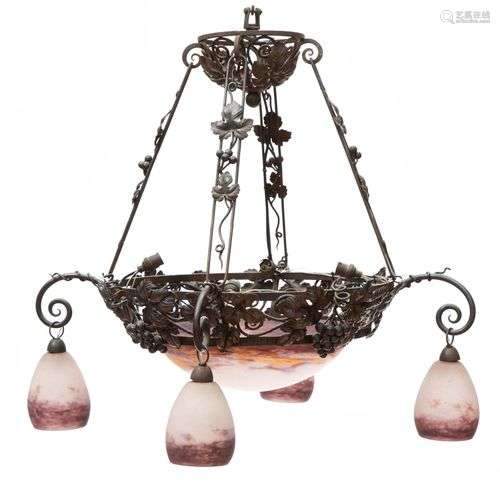 A Degué wrought-iron and glass chandelier