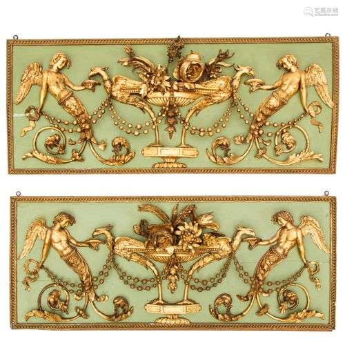 A pair of Italian green painted and carved giltwood overdoor...