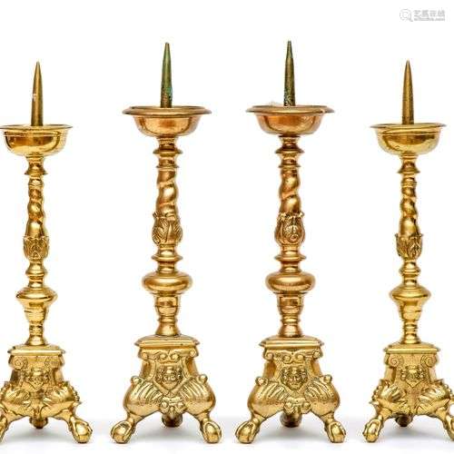 Two pairs of Flemish brass altar pricket candlesticks