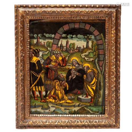 A reverse glass painting 'Adoration of the Magi'