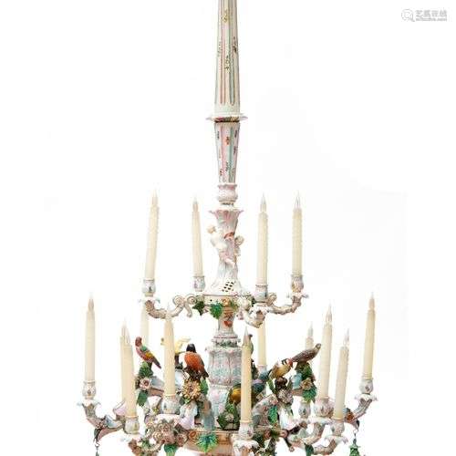 A Dresden porcelain flower-encrusted sixteen-light chandelie...