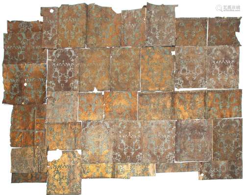 A collection of Dutch gold leather wallpaper fragments