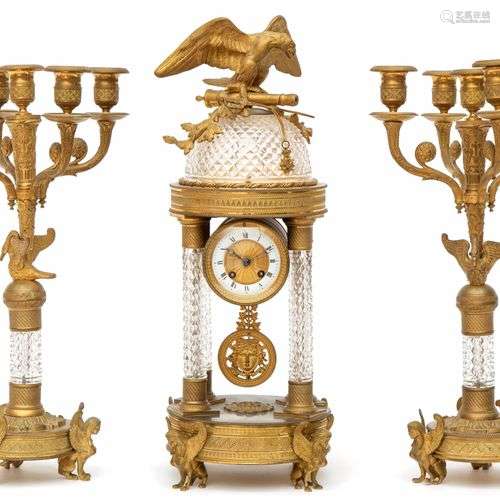 A French ormolu and cut-glass three-piece clock garniture