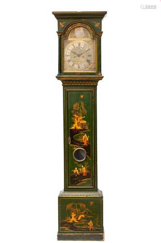 A George II green and gilt japanned Chinoiserie longcase clo...