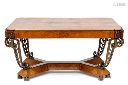 An Art Deco amboyna and wrought-iron table, in the style of ...