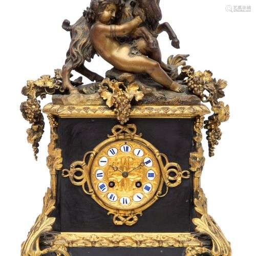 A French ormolu, patinated bronze, and black marble mantle c...