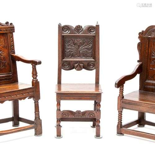 Three English carved oak seat furniture