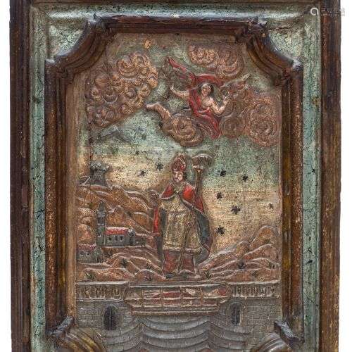 An Italian carved and polychrome painted wooden bas-relief p...