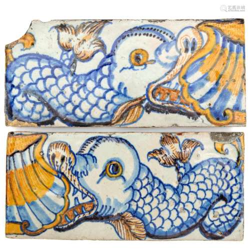 Two Rotterdam tin glazed dolphin border tiles