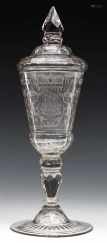 A Dutch engraved Ship goblet with cover