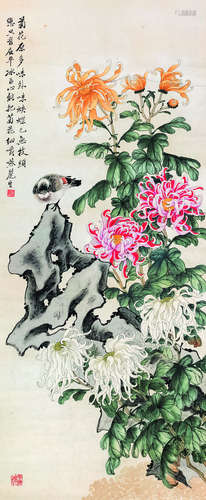 黄山寿 菊花小鸟 镜心