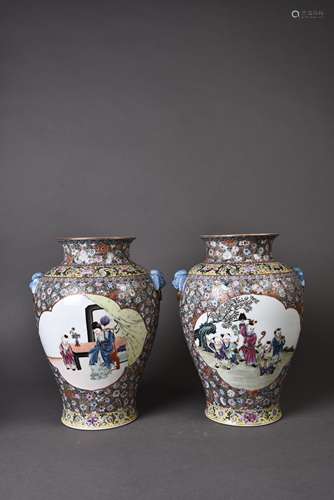 A PAIR OF FAMILLE ROSE 'FIGURAL' VASES