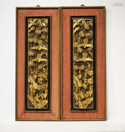 A PAIR OF CHINESE GILT GOLD 'BIRD & FLOWER' LACQUER PANELS