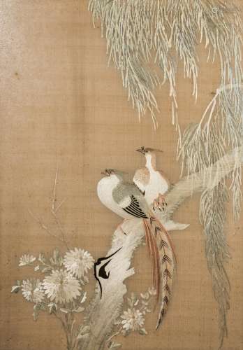 A CHINESE SILK EMBROIDERED PANEL, FRAMED