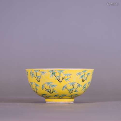 A FAMILLE ROSE  YELLOW GROUND 'BAMBOO' BOWLS, WITH TONGZHI M...