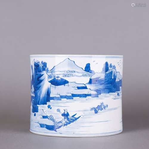 A BLUE AND WHITE 'LANDSCAPE' BRUSH POT