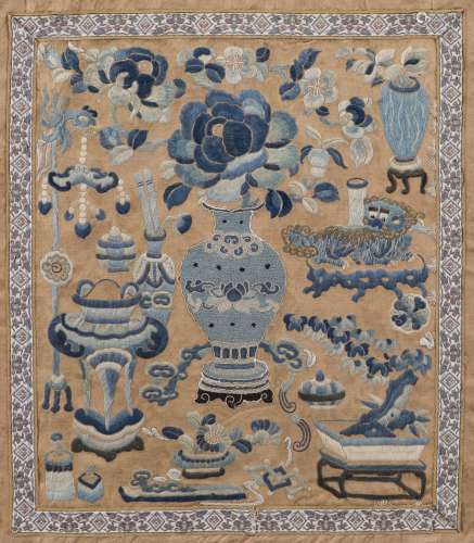 A CHINESE EMBROIDERED SILK OF ANTIQUES AND VASES