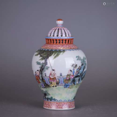 A PAIR OF FAMILLE ROSE 'BOYS' JARS AND COVERS, JIAQING MARK