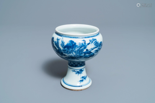 A Chinese blue and white stem cup with a continuous