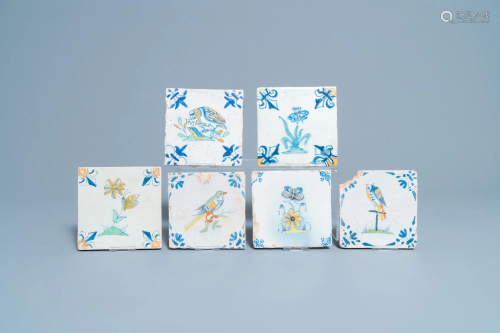 Six polychrome Dutch Delft tiles with birds, insects